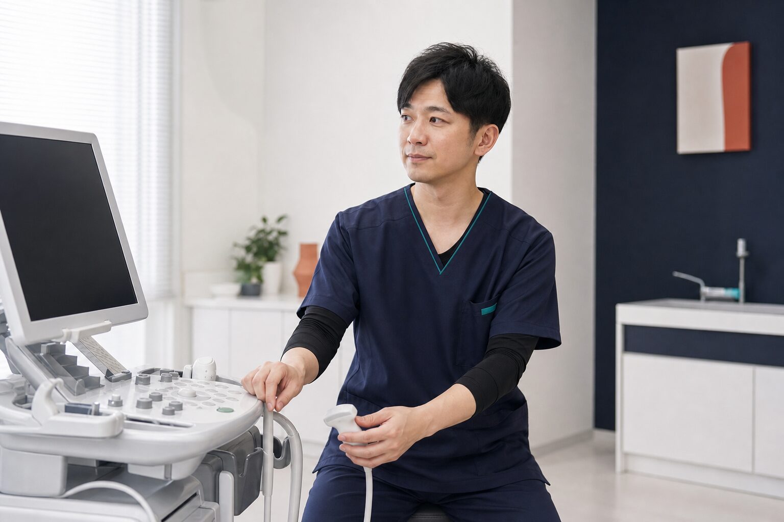 臨床検査技師がエコー機器を準備する様子